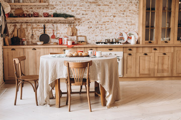 Vintage kitchen interior with panoramic windows.
