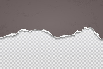 Torn, ripped pieces of horizontal dark grey paper with soft shadow are on white squared background for text. Vector illustration