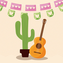 Mexican cactus and guitar with banner pennant vector design