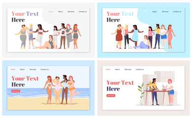 Body positive landing page vector templates set. Marine leisure website interface idea with flat illustrations. Cooking homepage layout. Healthy lifestyle web banner, webpage cartoon concept