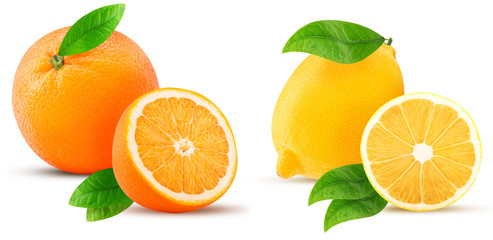 Fresh orange, lemon one cut in half, with leaf
