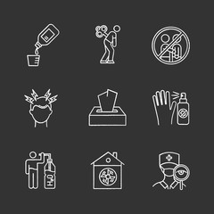 Common cold chalk icons set. Cough syrup. Fatigue of overwork. Avoid contact. Headache. Disposable wipes. Antiseptic. Drink water. Ventilation. Doctor visit. Isolated vector chalkboard illustrations