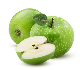 Green apple with leaf one cut in half