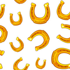 Seamless pattern of small and large golden horseshoes in a scatter.