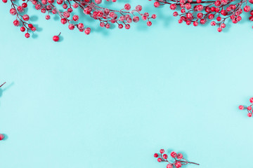 Christmas holiday composition. Red berry on pastel blue background. Christmas, New Year, winter concept. Flat lay, top view, copy space