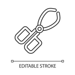 Crucible tongs linear icon. Surgeon equipment. Stainless steel instrument. Beaker pliers. Forceps clamp. Thin line illustration. Contour symbol. Vector isolated outline drawing. Editable stroke