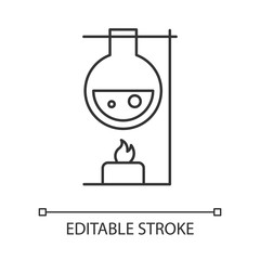 Heating laboratory flask linear icon. Lab experiment. Interaction with chemicals. Organic chemistry. Thin line illustration. Contour symbol. Vector isolated outline drawing. Editable stroke