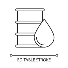 Metal barrel of oil linear icon. Organic chemistry. Petrol steel container. Fuel industry. Production of oil. Thin line illustration. Contour symbol. Vector isolated outline drawing. Editable stroke