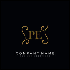 Initial letter PE logo luxury vector mark, gold color elegant classical 