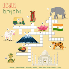 Easy crossword puzzle 'Journey to India', for children in elementary and middle school. Fun way to practice language comprehension and expand vocabulary. Includes answers. Vector illustration.