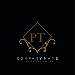 Initial letter PT logo luxury vector mark, gold color elegant classical 