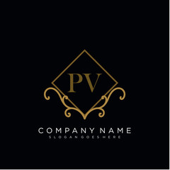 Initial letter PV logo luxury vector mark, gold color elegant classical 