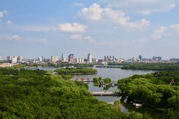 Fototapeta na wymiar Chinese city Changchun Skyline, grant park in a city, Nanhu park
