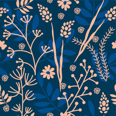 Seamless floral background . Hand drawn vintage pattern on blue background for fabric, digital paper.