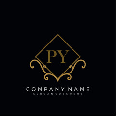 Initial letter PY logo luxury vector mark, gold color elegant classical 