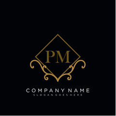 Initial letter PM logo luxury vector mark, gold color elegant classical 