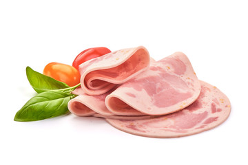 Thinly Sliced Ham, boiled sausage, isolated on white background
