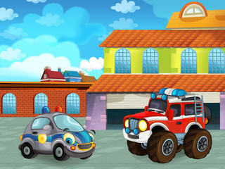 Fototapeta premium cartoon scene with car vehicle on the road near the garage or repair station - illustration for children