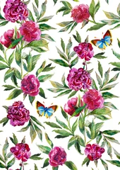 Foto op Plexiglas Seamless watercolor peony pattern on white background with leaves, flowers and blue butterfly © nathings