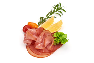 Sliced Smoked Ham sausage, isolated on white background