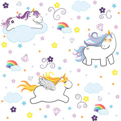 Lovely vector seamless pattern of unicorns.