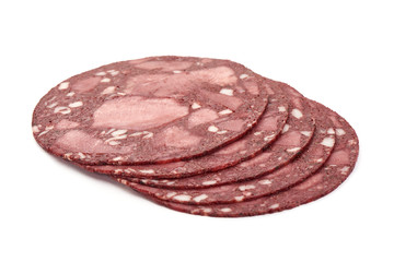 Homemade blood sausage slices, german cuisine, isolated on white background