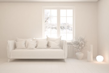 Mock up of stylish room in white color with sofa. Scandinavian interior design. 3D illustration