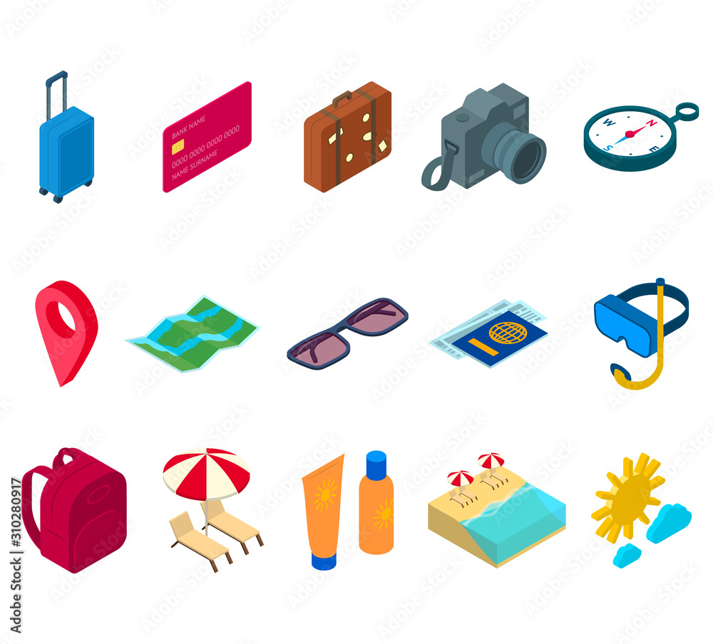 Wall mural Travel Sign 3d Icon Set Isometric View. Vector