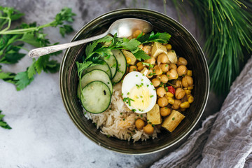 Chickpea Curry over Rice with Cucumbers and Egg