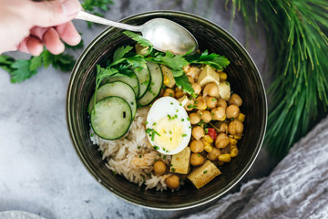Chickpea Curry over Rice with Cucumbers and Egg