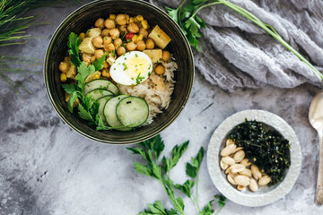 Chickpea Curry over Rice with Cucumbers and Egg