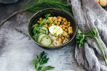 Chickpea Curry over Rice with Cucumbers and Egg