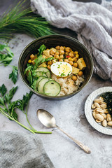 Chickpea Curry over Rice with Cucumbers and Egg