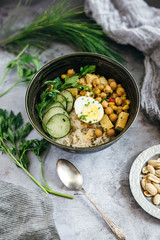 Chickpea Curry over Rice with Cucumbers and Egg