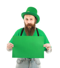 Bearded man with blank poster on white background. St. Patrick's Day celebration