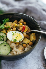 Chickpea Curry over Rice with Cucumbers and Egg