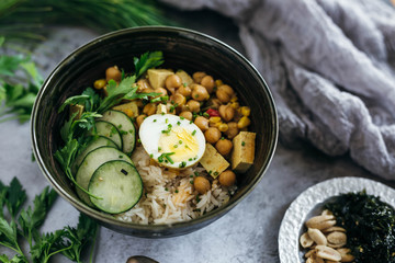 Chickpea Curry over Rice with Cucumbers and Egg