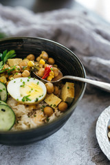 Chickpea Curry over Rice with Cucumbers and Egg