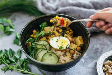 Chickpea Curry over Rice with Cucumbers and Egg