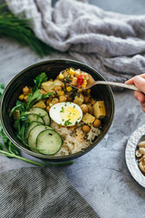 Chickpea Curry over Rice with Cucumbers and Egg