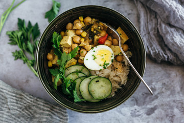 Chickpea Curry over Rice with Cucumbers and Egg