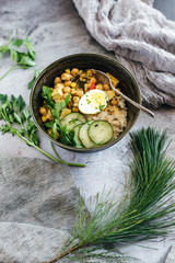 Chickpea Curry over Rice with Cucumbers and Egg