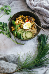 Chickpea Curry over Rice with Cucumbers and Egg