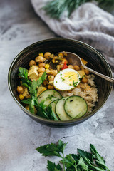 Chickpea Curry over Rice with Cucumbers and Egg