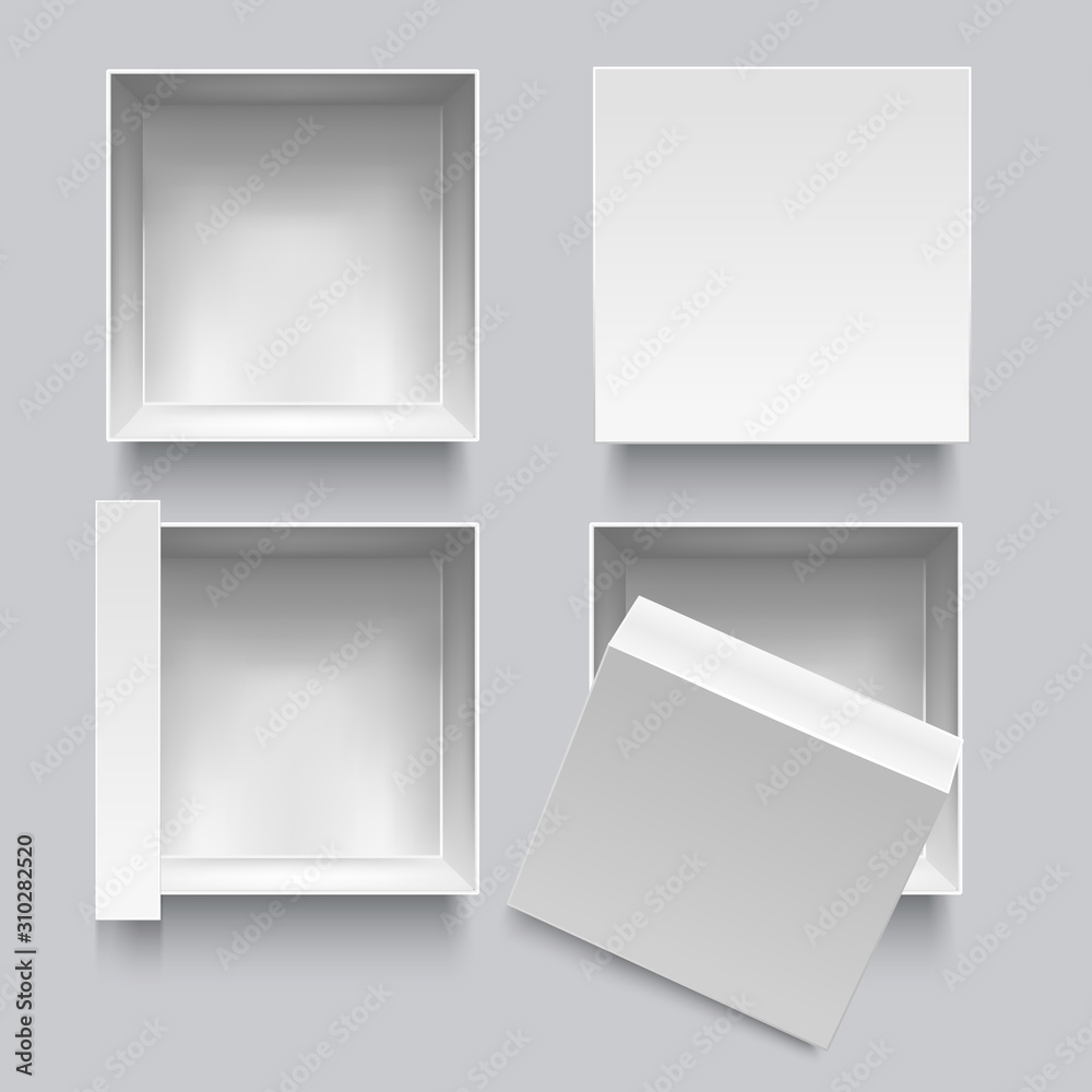 Poster Realistic Detailed 3d White Blank Top View Box Template Mockup Set. Vector