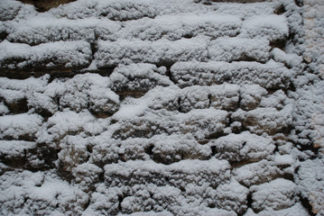 background, texture - wall of rough stonework, partly covered with snow