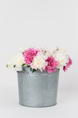 Bouquet of white and pink peonies in a metal bucket