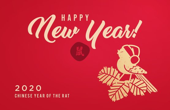 Greeting card in Chinese Style. 2020 Happy New Year Card. Mouse, Rat Symbol of the year. Vector Illustration