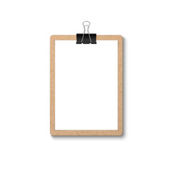 Vector 3d Realistic Brown Craft Clipboard with Blank Paper, Metal Clip Icon Closeup Isolated on White Background. Design Template for Notes, Mockup, Checklist, Questionnaire, Reminders