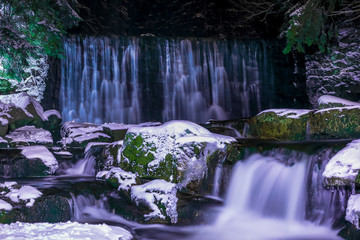 Wild Waterfall with Soft Flowing Water by Night in Lower Silesia in Poland.